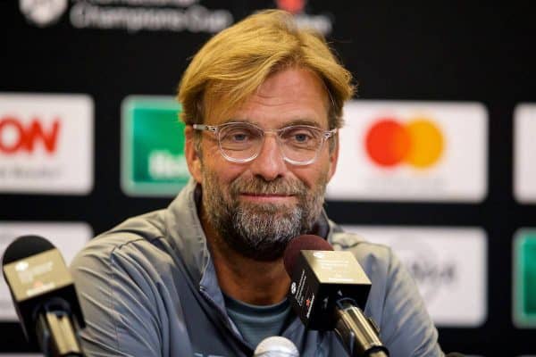 ANN ARBOR, USA - Friday, July 27, 2018: Liverpool's manager Jürgen Klopp during a pre-match press conference ahead of the preseason International Champions Cup match between Manchester United FC and Liverpool FC at the Michigan Stadium. (Pic by David Rawcliffe/Propaganda)