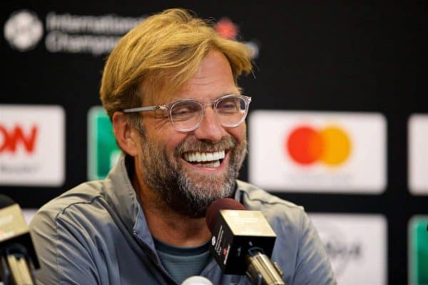 ANN ARBOR, USA - Friday, July 27, 2018: Liverpool's manager Jürgen Klopp during a pre-match press conference ahead of the preseason International Champions Cup match between Manchester United FC and Liverpool FC at the Michigan Stadium. (Pic by David Rawcliffe/Propaganda)