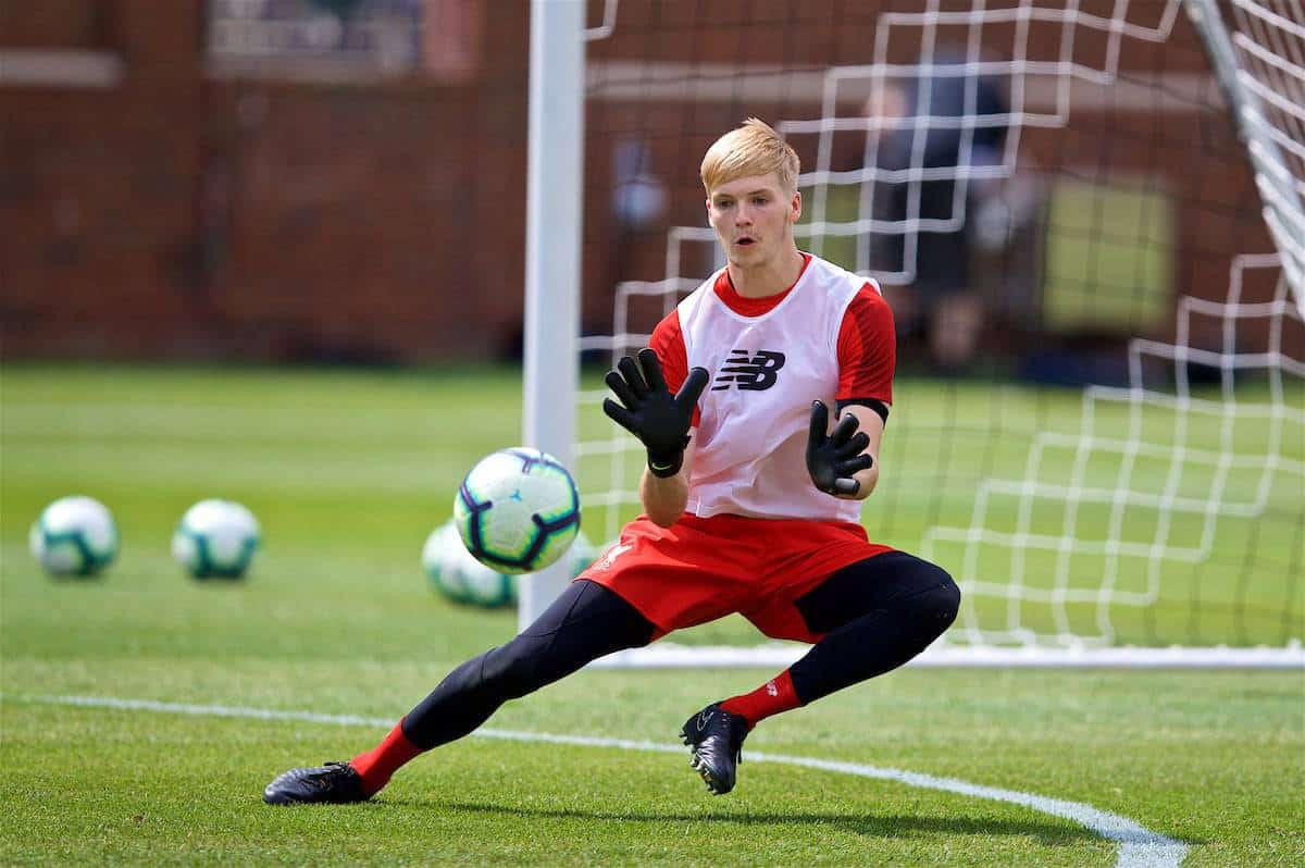ANN ARBOR, USA - Friday, July 27, 2018: Liverpool's goalkeeper Caoimhin Kelleher during a training session ahead of the preseason International Champions Cup match between Manchester United FC and Liverpool FC at the Michigan Stadium. (Pic by David Rawcliffe/Propaganda)