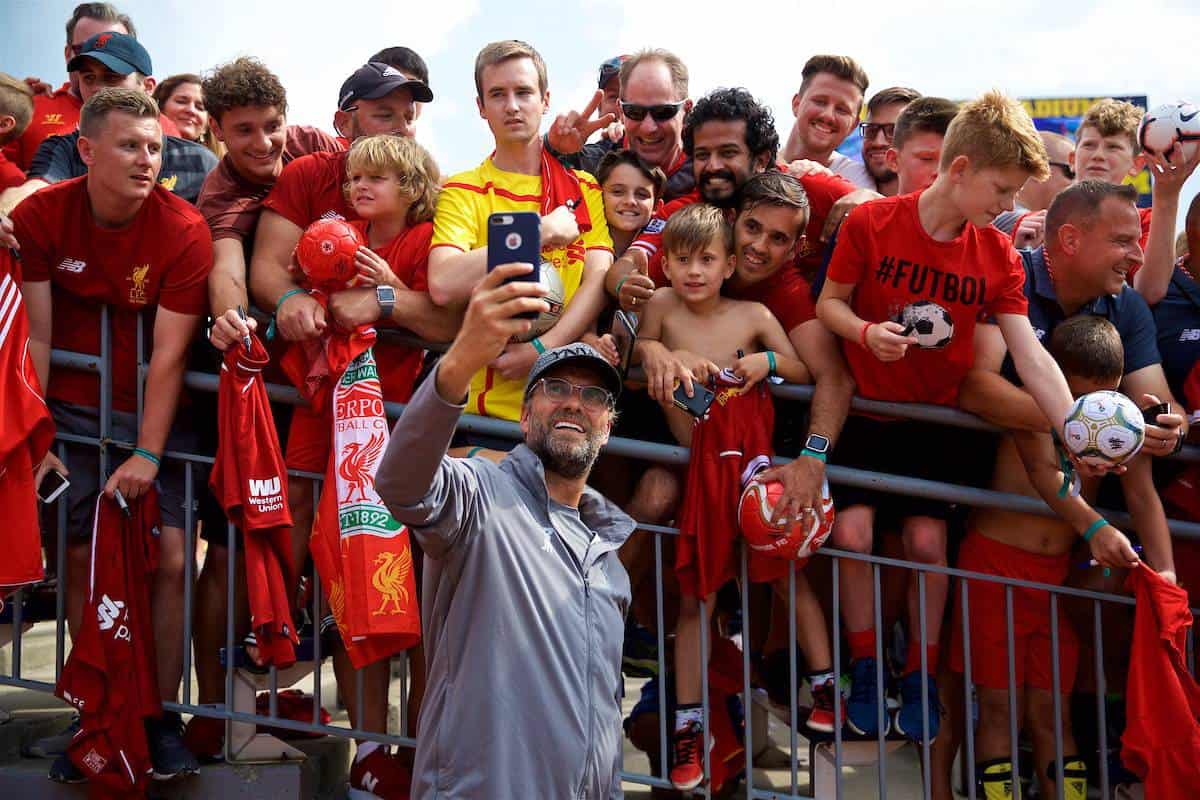 ANN ARBOR, USA - Friday, July 27, 2018: Liverpool's manager Jürgen Klopp takes a selfie with a supporter's iPhone after a training session ahead of the preseason International Champions Cup match between Manchester United FC and Liverpool FC at the Michigan Stadium. (Pic by David Rawcliffe/Propaganda)