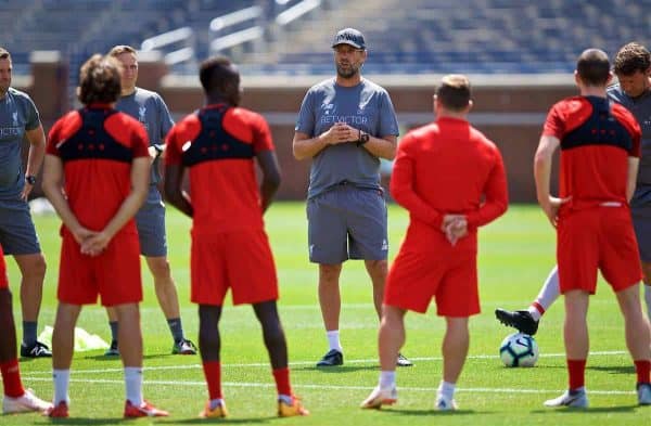 ANN ARBOR, USA - Friday, July 27, 2018: Liverpool's manager Jürgen Klopp speaks to his players before a training session ahead of the preseason International Champions Cup match between Manchester United FC and Liverpool FC at the Michigan Stadium. (Pic by David Rawcliffe/Propaganda)