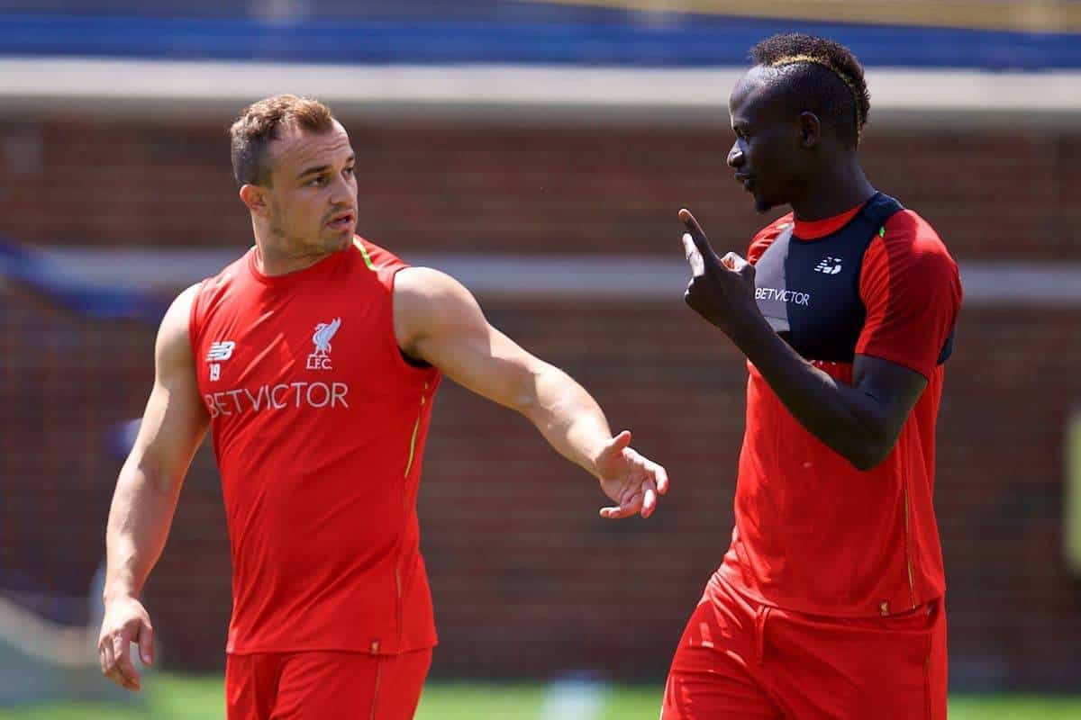 ANN ARBOR, USA - Friday, July 27, 2018: Liverpool's new signing Xherdan Shaqiri and Sadio Mane during a training session ahead of the preseason International Champions Cup match between Manchester United FC and Liverpool FC at the Michigan Stadium. (Pic by David Rawcliffe/Propaganda)