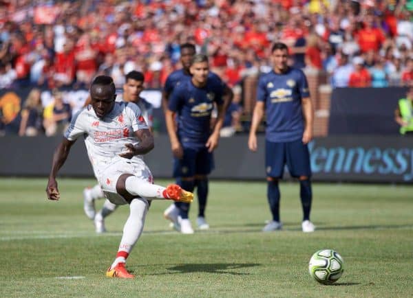 ANN ARBOR, USA - Saturday, July 28, 2018: Liverpool's Sadio Mane scores the first goal from a penalty kick during the preseason International Champions Cup match between Manchester United and Liverpool FC at the Michigan Stadium. (Pic by David Rawcliffe/Propaganda)