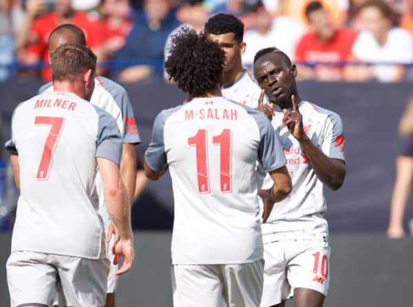 ANN ARBOR, USA - Saturday, July 28, 2018: Liverpool's Sadio Mane (right) celebrates scoring the first goal with team-mates during the preseason International Champions Cup match between Manchester United and Liverpool FC at the Michigan Stadium. (Pic by David Rawcliffe/Propaganda)