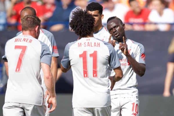 ANN ARBOR, USA - Saturday, July 28, 2018: Liverpool's Sadio Mane (right) celebrates scoring the first goal with team-mates during the preseason International Champions Cup match between Manchester United and Liverpool FC at the Michigan Stadium. (Pic by David Rawcliffe/Propaganda)