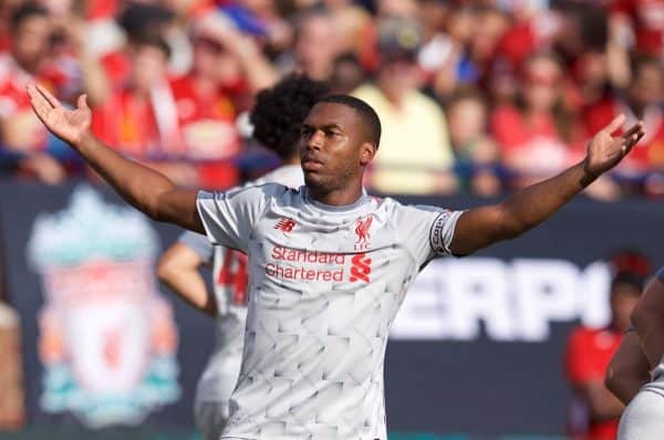 ANN ARBOR, USA - Saturday, July 28, 2018: Liverpool's Daniel Sturridge scores the second goal during the preseason International Champions Cup match between Manchester United and Liverpool FC at the Michigan Stadium. (Pic by David Rawcliffe/Propaganda)