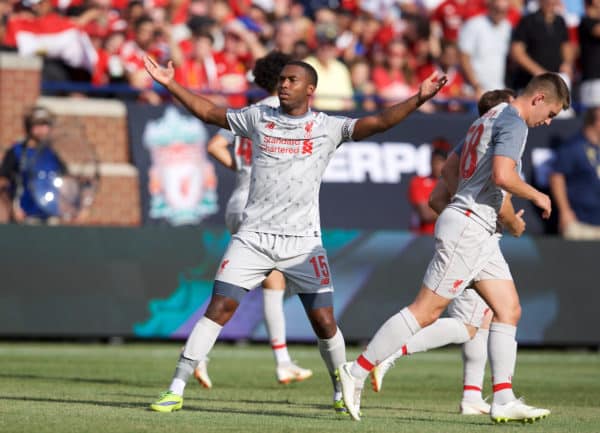 ANN ARBOR, USA - Saturday, July 28, 2018: Liverpool's Daniel Sturridge scores the second goal during the preseason International Champions Cup match between Manchester United and Liverpool FC at the Michigan Stadium. (Pic by David Rawcliffe/Propaganda)