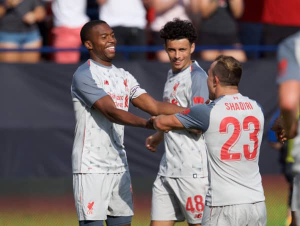 ANN ARBOR, USA - Saturday, July 28, 2018: Liverpool's Daniel Sturridge scores the second goal during the preseason International Champions Cup match between Manchester United and Liverpool FC at the Michigan Stadium. (Pic by David Rawcliffe/Propaganda)