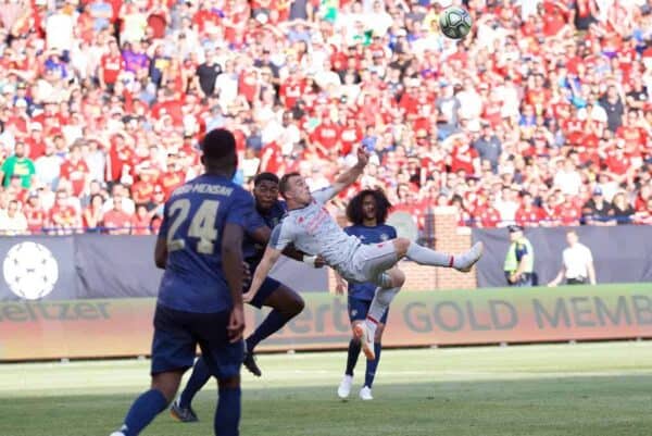 ANN ARBOR, USA - Saturday, July 28, 2018: Liverpool's new signing Xherdan Shaqiri scores the fourth goal with a bicycle kick during the preseason International Champions Cup match between Manchester United and Liverpool FC at the Michigan Stadium. (Pic by David Rawcliffe/Propaganda)