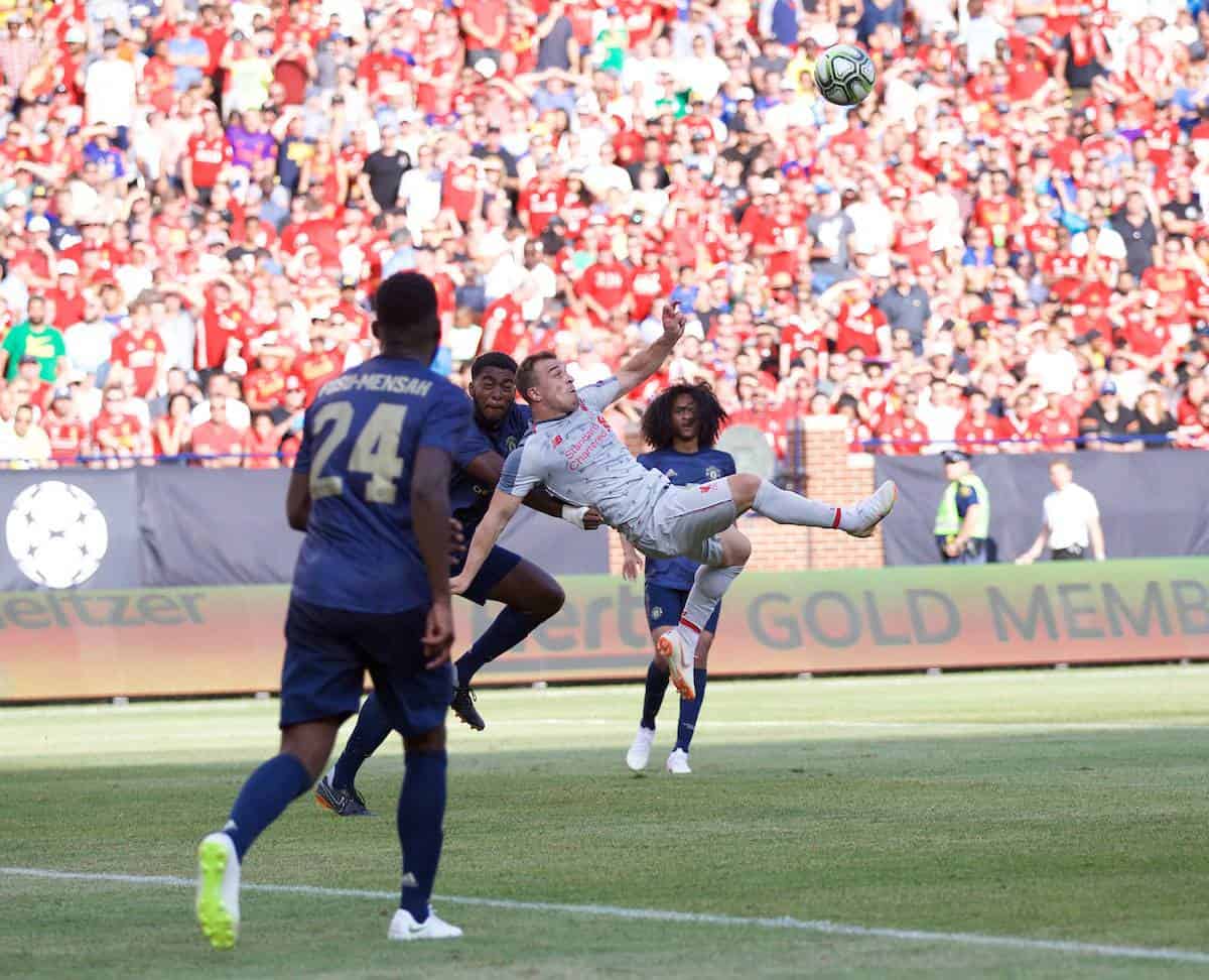 ANN ARBOR, USA - Saturday, July 28, 2018: Liverpool's new signing Xherdan Shaqiri scores the fourth goal with a bicycle kick during the preseason International Champions Cup match between Manchester United and Liverpool FC at the Michigan Stadium. (Pic by David Rawcliffe/Propaganda)