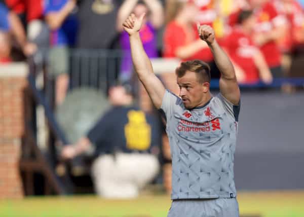 ANN ARBOR, USA - Saturday, July 28, 2018: Liverpool's new signing Xherdan Shaqiri scores the fourth goal during the preseason International Champions Cup match between Manchester United and Liverpool FC at the Michigan Stadium. (Pic by David Rawcliffe/Propaganda)