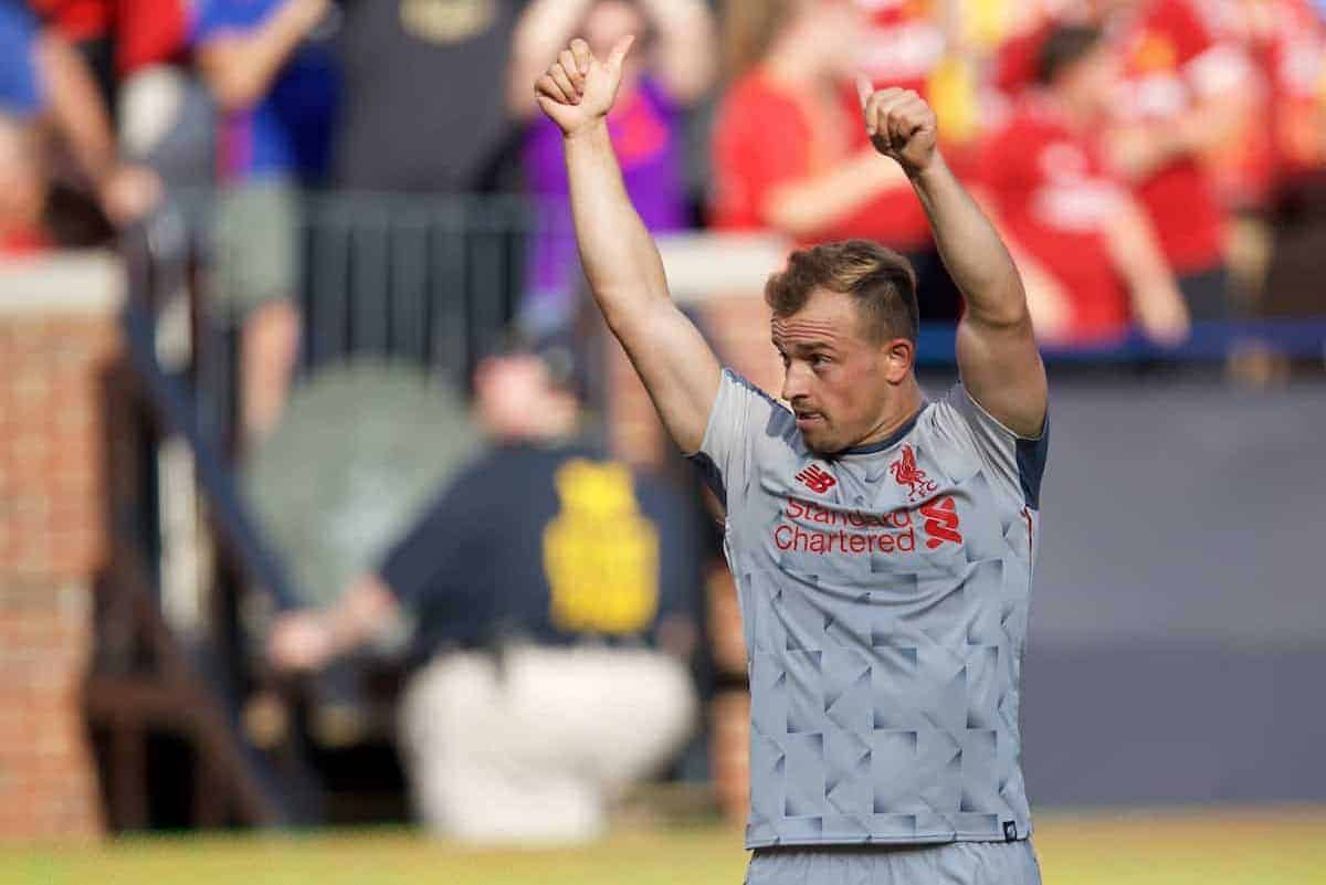 ANN ARBOR, USA - Saturday, July 28, 2018: Liverpool's new signing Xherdan Shaqiri scores the fourth goal during the preseason International Champions Cup match between Manchester United and Liverpool FC at the Michigan Stadium. (Pic by David Rawcliffe/Propaganda)