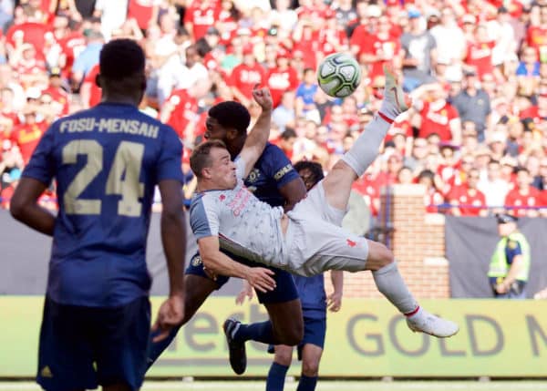 ANN ARBOR, USA - Saturday, July 28, 2018: Liverpool's new signing Xherdan Shaqiri scores the fourth goal with a bicycle kick during the preseason International Champions Cup match between Manchester United and Liverpool FC at the Michigan Stadium. (Pic by David Rawcliffe/Propaganda)