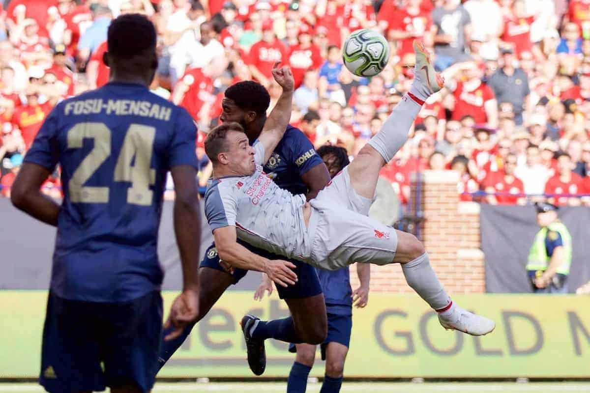 ANN ARBOR, USA - Saturday, July 28, 2018: Liverpool's new signing Xherdan Shaqiri scores the fourth goal with a bicycle kick during the preseason International Champions Cup match between Manchester United and Liverpool FC at the Michigan Stadium. (Pic by David Rawcliffe/Propaganda)