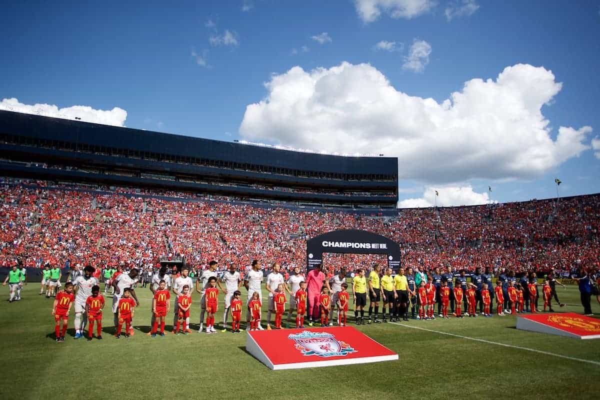 ANN ARBOR, USA - Saturday, July 28, 2018: Liverpool and Manchester United players line-up before the preseason International Champions Cup match between Manchester United and Liverpool FC at the Michigan Stadium. (Pic by David Rawcliffe/Propaganda)
