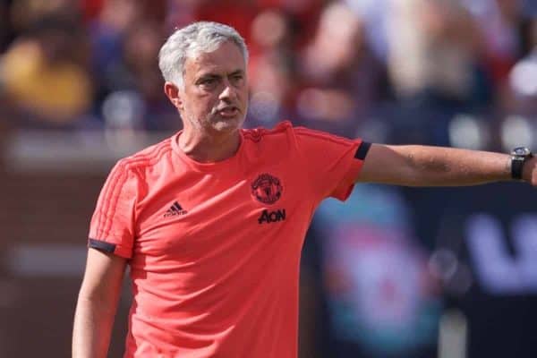 ANN ARBOR, USA - Saturday, July 28, 2018: Manchester United's manager Jose Mourinho complains to referee Ismail Elfath, who he described as a baseball referee in his post-match press conference, during the preseason International Champions Cup match between Manchester United and Liverpool FC at the Michigan Stadium. Liverpool won 4-1. (Pic by David Rawcliffe/Propaganda)