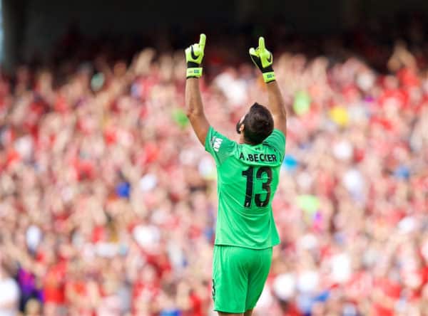 DUBLIN, REPUBLIC OF IRELAND - Saturday, August 4, 2018: Liverpool's new signing goalkeeper Alisson Becker celebrates the first goal during the preseason friendly match between SSC Napoli and Liverpool FC at Landsdowne Road. (Pic by David Rawcliffe/Propaganda)