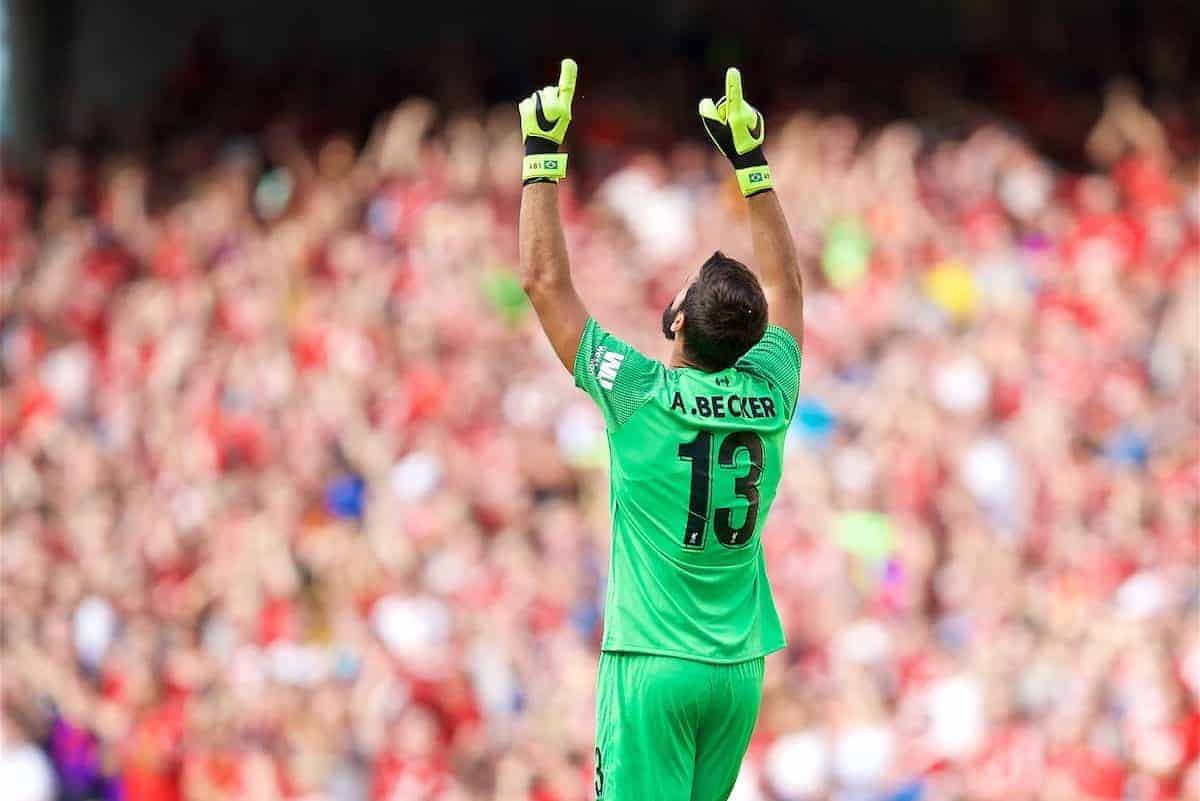 DUBLIN, REPUBLIC OF IRELAND - Saturday, August 4, 2018: Liverpool's new signing goalkeeper Alisson Becker celebrates the first goal during the preseason friendly match between SSC Napoli and Liverpool FC at Landsdowne Road. (Pic by David Rawcliffe/Propaganda)