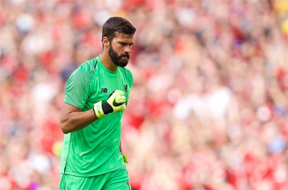 DUBLIN, REPUBLIC OF IRELAND - Saturday, August 4, 2018: Liverpool's new signing goalkeeper Alisson Becker celebrates the first goal during the preseason friendly match between SSC Napoli and Liverpool FC at Landsdowne Road. (Pic by David Rawcliffe/Propaganda)