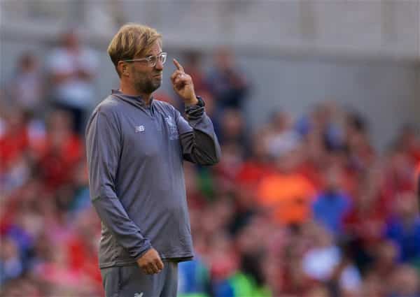 DUBLIN, REPUBLIC OF IRELAND - Saturday, August 4, 2018: Liverpool's manager Jürgen Klopp reacts during the preseason friendly match between SSC Napoli and Liverpool FC at Landsdowne Road. (Pic by David Rawcliffe/Propaganda)