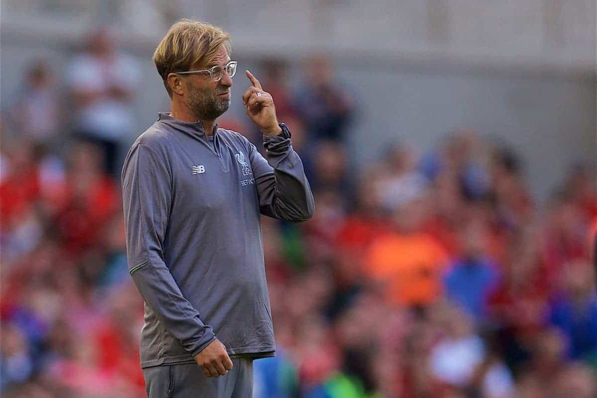 DUBLIN, REPUBLIC OF IRELAND - Saturday, August 4, 2018: Liverpool's manager Jürgen Klopp reacts during the preseason friendly match between SSC Napoli and Liverpool FC at Landsdowne Road. (Pic by David Rawcliffe/Propaganda)