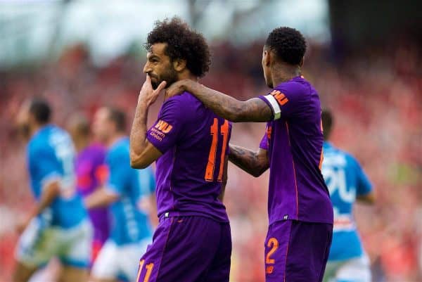 DUBLIN, REPUBLIC OF IRELAND - Saturday, August 4, 2018: Liverpool's Mohamed Salah celebrates scoring the third goal during the preseason friendly match between SSC Napoli and Liverpool FC at Landsdowne Road. (Pic by David Rawcliffe/Propaganda)