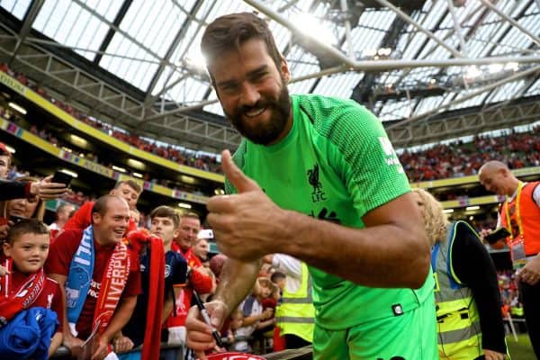 DUBLIN, REPUBLIC OF IRELAND - Saturday, August 4, 2018: Liverpool's new signing goalkeeper Alisson Becker signs autographs for supporters after the preseason friendly match between SSC Napoli and Liverpool FC at Landsdowne Road. (Pic by David Rawcliffe/Propaganda)