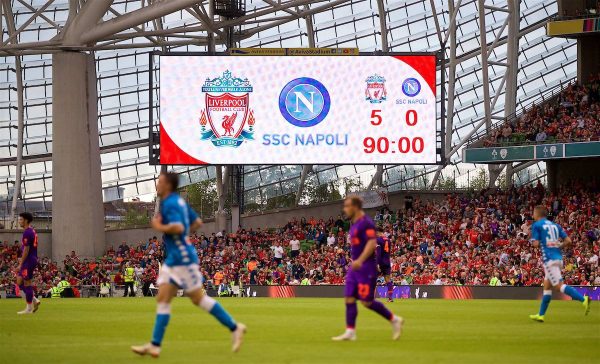 DUBLIN, REPUBLIC OF IRELAND - Saturday, August 4, 2018: The scoreboard records Liverpool's 5-0 victory during the preseason friendly match between SSC Napoli and Liverpool FC at Landsdowne Road. (Pic by David Rawcliffe/Propaganda)