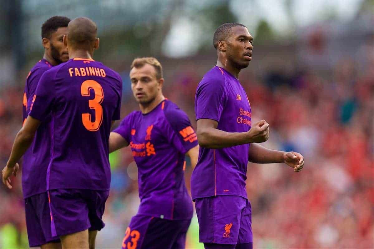 DUBLIN, REPUBLIC OF IRELAND - Saturday, August 4, 2018: Liverpool's Daniel Sturridge celebrates scoring the fourth goal during the preseason friendly match between SSC Napoli and Liverpool FC at Landsdowne Road. (Pic by David Rawcliffe/Propaganda)