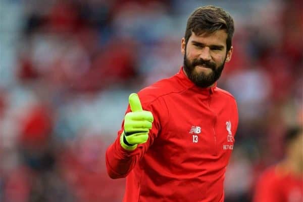 LIVERPOOL, ENGLAND - Tuesday, August 7, 2018: Liverpool's new signing goalkeeper Alisson Becker during the pre-match warm-up before the preseason friendly match between Liverpool FC and Torino FC at Anfield. (Pic by David Rawcliffe/Propaganda)