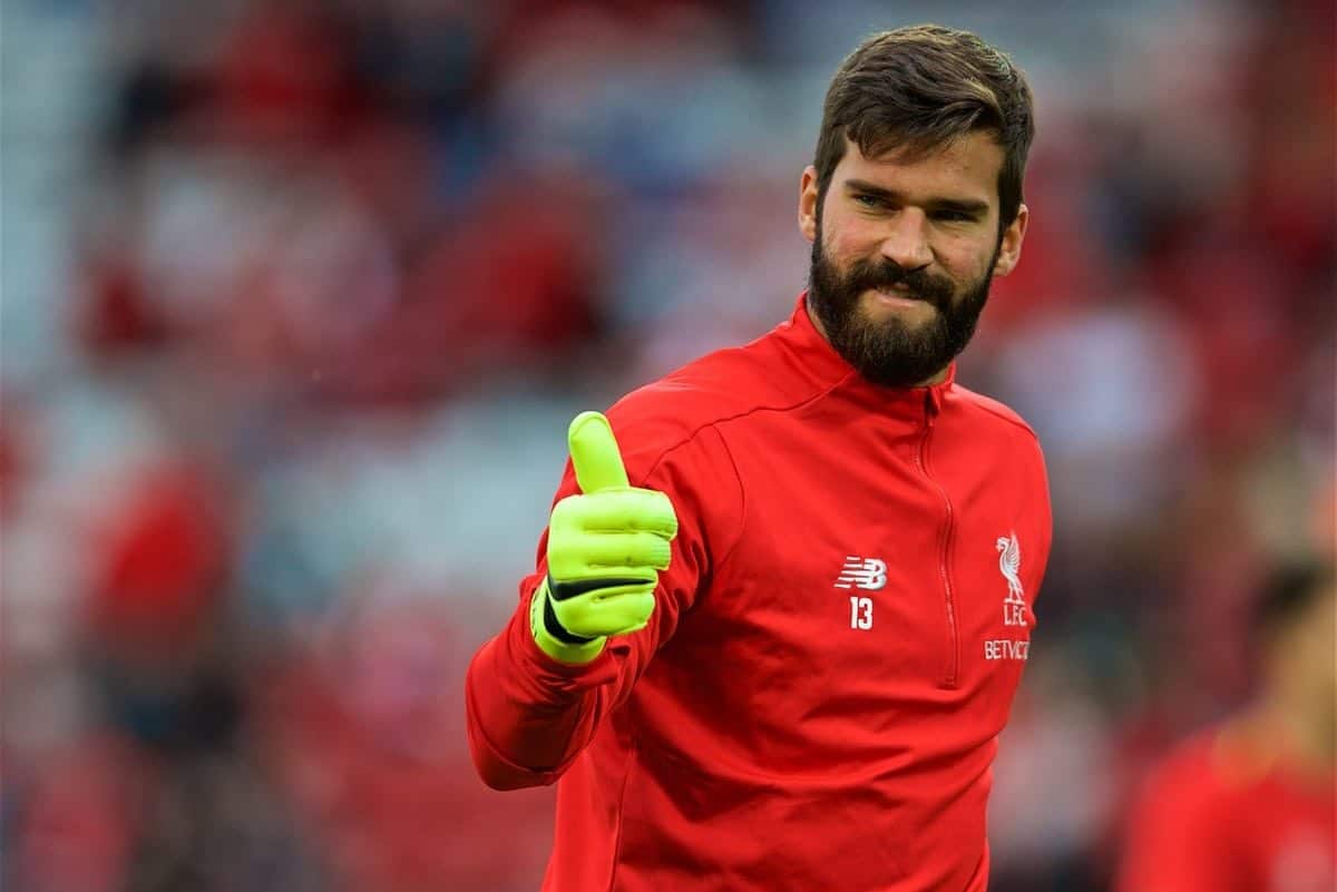 LIVERPOOL, ENGLAND - Tuesday, August 7, 2018: Liverpool's new signing goalkeeper Alisson Becker during the pre-match warm-up before the preseason friendly match between Liverpool FC and Torino FC at Anfield. (Pic by David Rawcliffe/Propaganda)