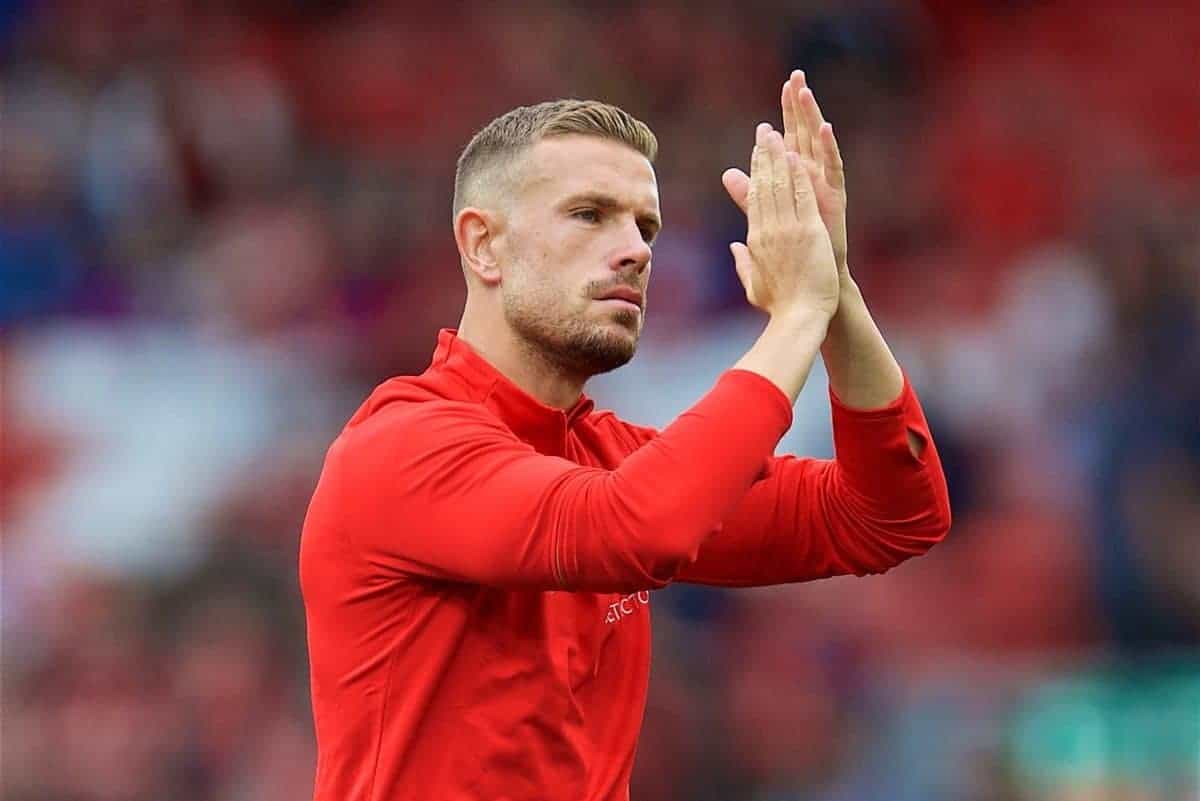 LIVERPOOL, ENGLAND - Tuesday, August 7, 2018: Liverpool's captain Jordan Henderson during the pre-match warm-up before the preseason friendly match between Liverpool FC and Torino FC at Anfield. (Pic by David Rawcliffe/Propaganda)