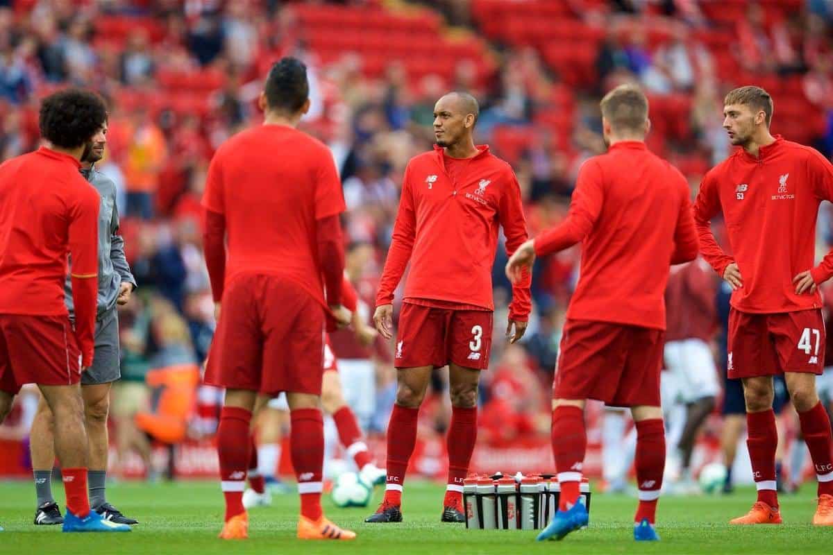 LIVERPOOL, ENGLAND - Tuesday, August 7, 2018: Liverpool's Fabio Henrique Tavares 'Fabinho' during the pre-match warm-up before the preseason friendly match between Liverpool FC and Torino FC at Anfield. (Pic by David Rawcliffe/Propaganda)