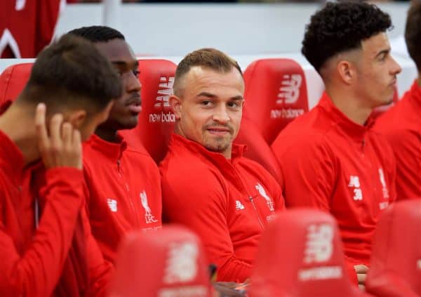 LIVERPOOL, ENGLAND - Tuesday, August 7, 2018: Liverpool's substitute new signing Xherdan Shaqiri before the preseason friendly match between Liverpool FC and Torino FC at Anfield. (Pic by David Rawcliffe/Propaganda)