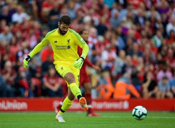 LIVERPOOL, ENGLAND - Tuesday, August 7, 2018: Liverpool's new signing goalkeeper Alisson Becker during the preseason friendly match between Liverpool FC and Torino FC at Anfield. (Pic by David Rawcliffe/Propaganda)