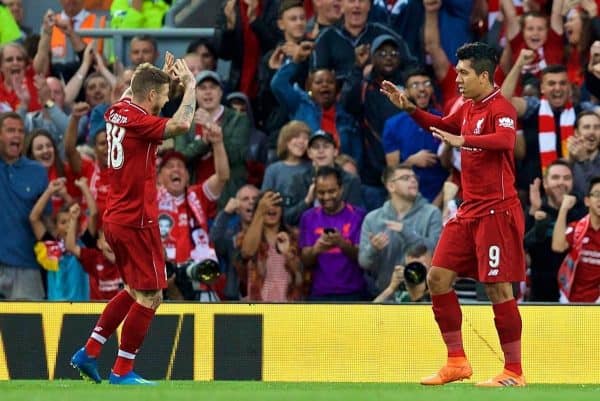 LIVERPOOL, ENGLAND - Tuesday, August 7, 2018: Liverpool's Roberto Firmino celebrates scoring the first goal during the preseason friendly match between Liverpool FC and Torino FC at Anfield. (Pic by David Rawcliffe/Propaganda)