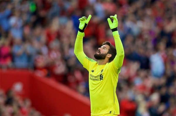 LIVERPOOL, ENGLAND - Tuesday, August 7, 2018: Liverpool's new signing goalkeeper Alisson Becker celebrates the second goal during the preseason friendly match between Liverpool FC and Torino FC at Anfield. (Pic by David Rawcliffe/Propaganda)