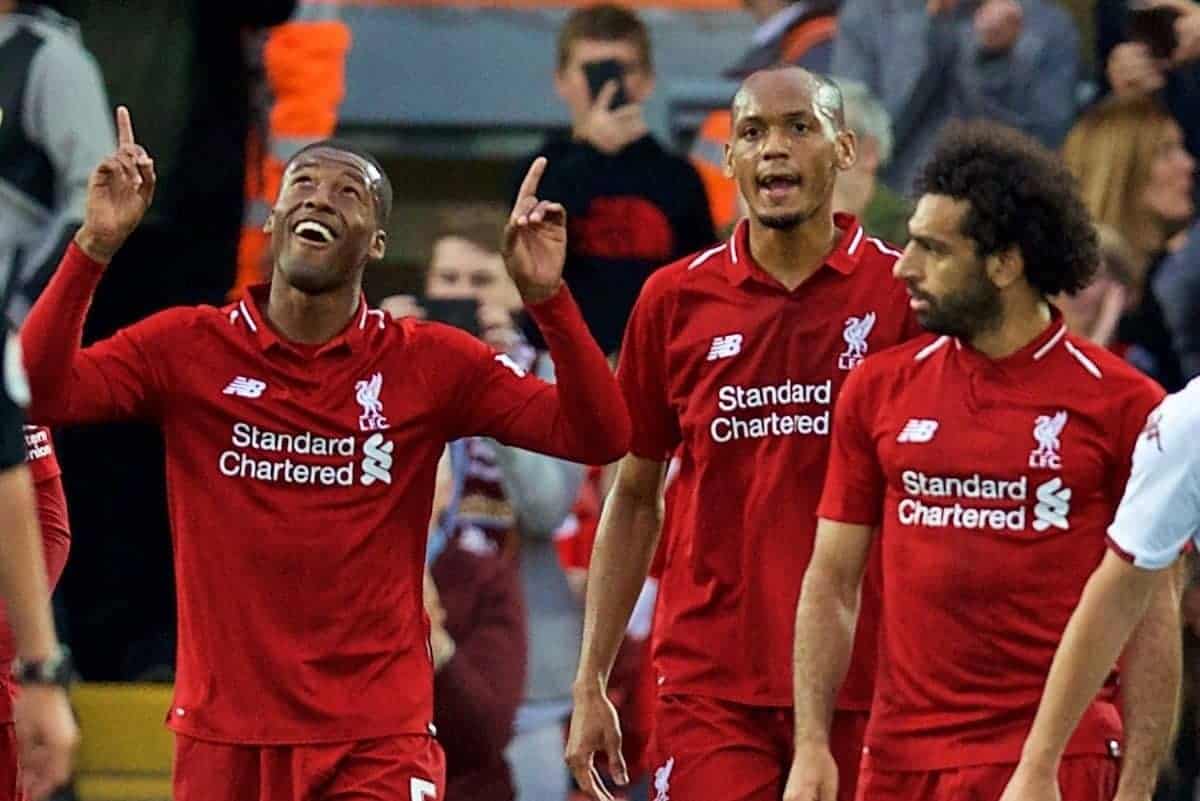 LIVERPOOL, ENGLAND - Tuesday, August 7, 2018: Liverpool's Georginio Wijnaldum celebrates scoring the second goal during the preseason friendly match between Liverpool FC and Torino FC at Anfield. (Pic by David Rawcliffe/Propaganda)