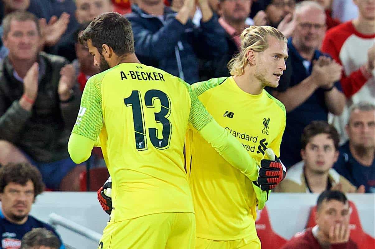 LIVERPOOL, ENGLAND - Tuesday, August 7, 2018: Liverpool's new signing goalkeeper Alisson Becker is replaced by substitute goalkeeper Loris Karius during the preseason friendly match between Liverpool FC and Torino FC at Anfield. (Pic by David Rawcliffe/Propaganda)