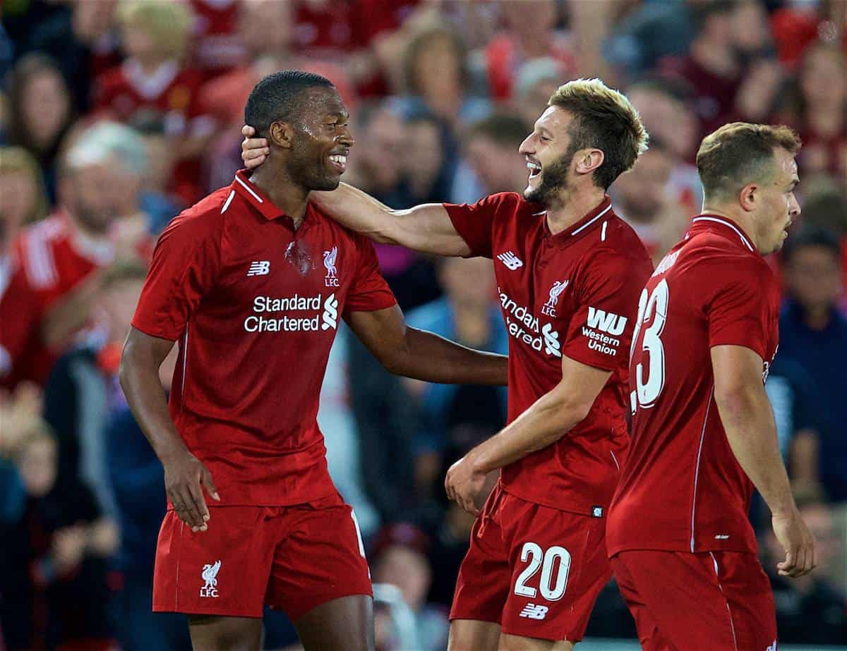 LIVERPOOL, ENGLAND - Tuesday, August 7, 2018: Liverpool's Daniel Sturridge celebrates scoring the third goal with team-mate Adam Lallana during the preseason friendly match between Liverpool FC and Torino FC at Anfield. (Pic by David Rawcliffe/Propaganda)