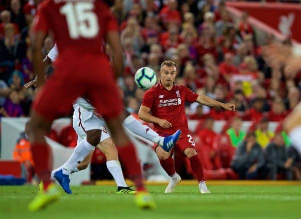 LIVERPOOL, ENGLAND - Tuesday, August 7, 2018: Liverpool's new signing Xherdan Shaqiri sets-up the third goal during the preseason friendly match between Liverpool FC and Torino FC at Anfield. (Pic by David Rawcliffe/Propaganda)