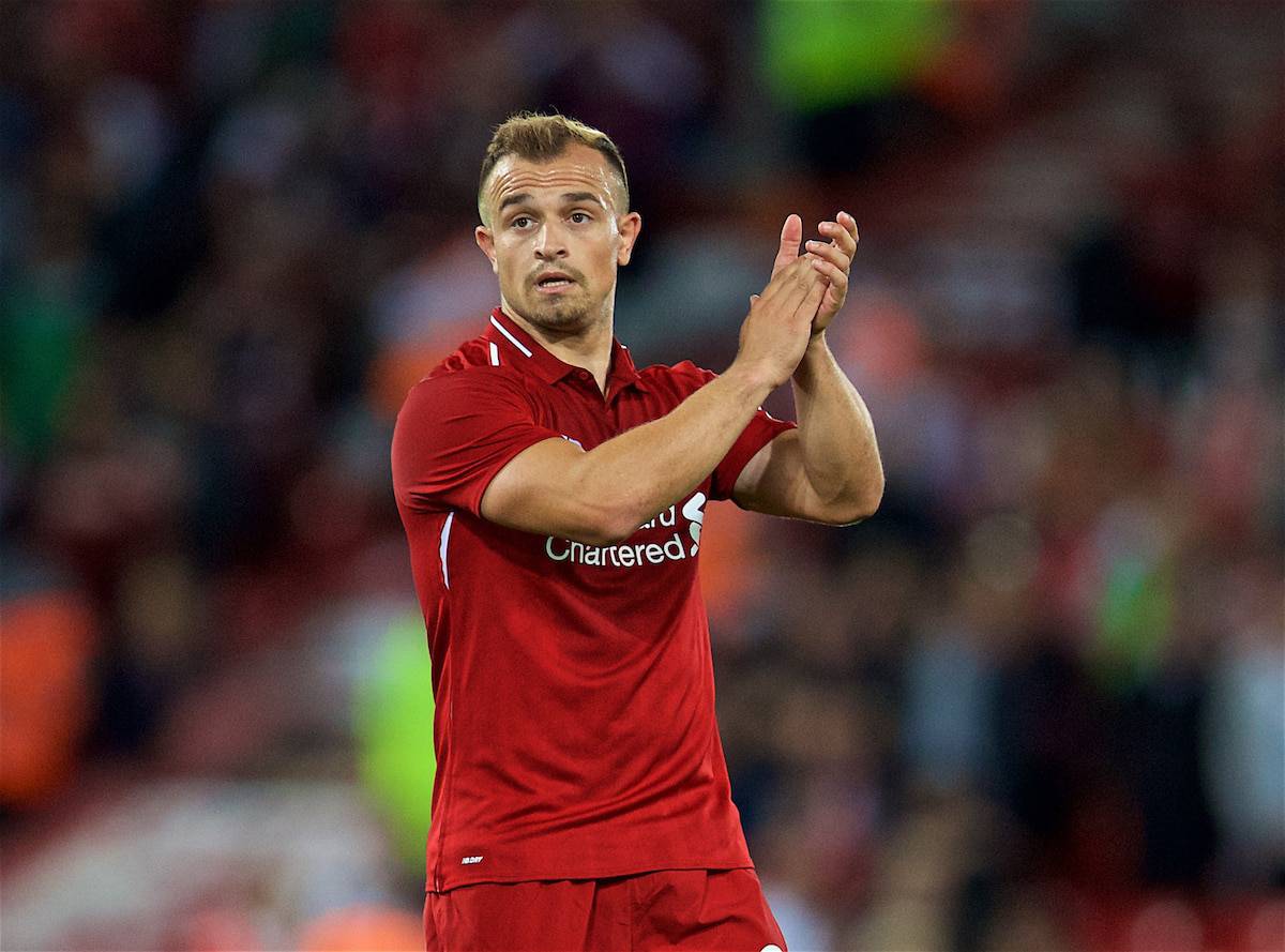 LIVERPOOL, ENGLAND - Tuesday, August 7, 2018: Liverpool's new signing Xherdan Shaqiri after the preseason friendly match between Liverpool FC and Torino FC at Anfield. (Pic by David Rawcliffe/Propaganda)
