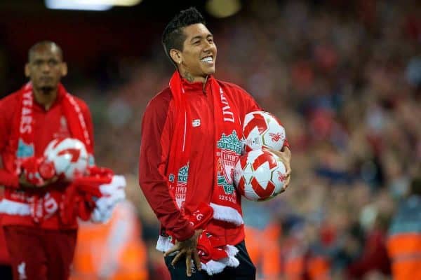 LIVERPOOL, ENGLAND - Tuesday, August 7, 2018: Liverpool's Roberto Firmino hands out balls and scarves top supporters after the preseason friendly match between Liverpool FC and Torino FC at Anfield. (Pic by David Rawcliffe/Propaganda)