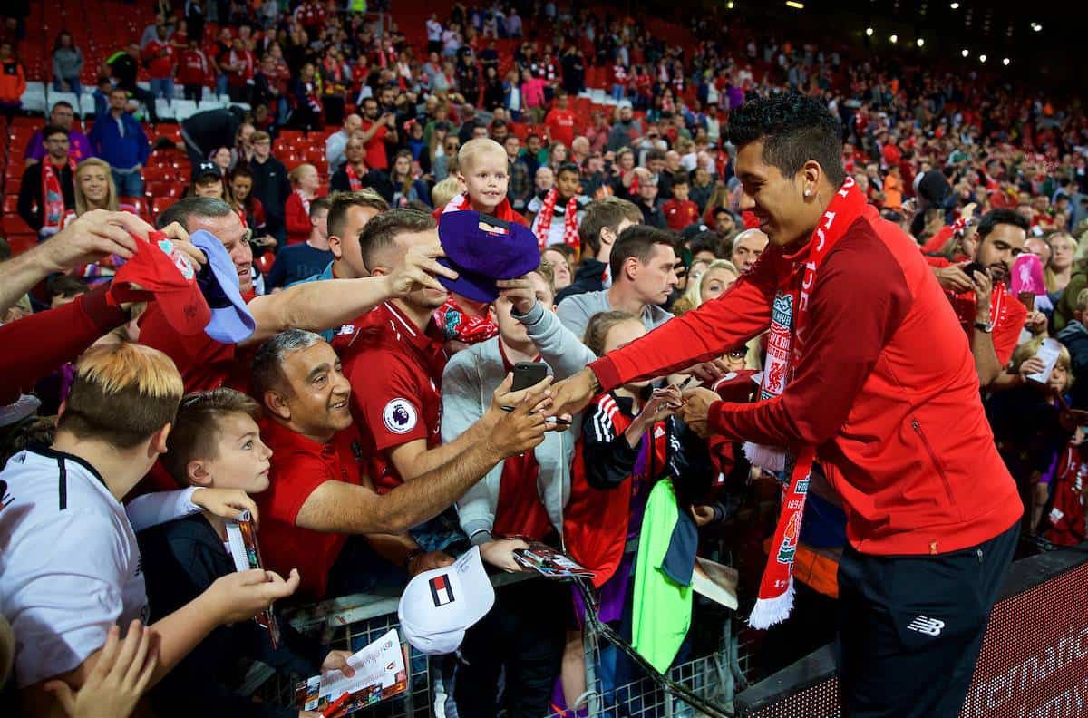 LIVERPOOL, ENGLAND - Tuesday, August 7, 2018: Liverpool's Roberto Firmino signs autographs for supporters after the preseason friendly match between Liverpool FC and Torino FC at Anfield. (Pic by David Rawcliffe/Propaganda)