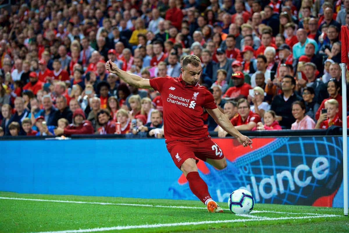 LIVERPOOL, ENGLAND - Tuesday, August 7, 2018: Liverpool's new signing Xherdan Shaqiri takes a corner kick during the preseason friendly match between Liverpool FC and Torino FC at Anfield. (Pic by David Rawcliffe/Propaganda)