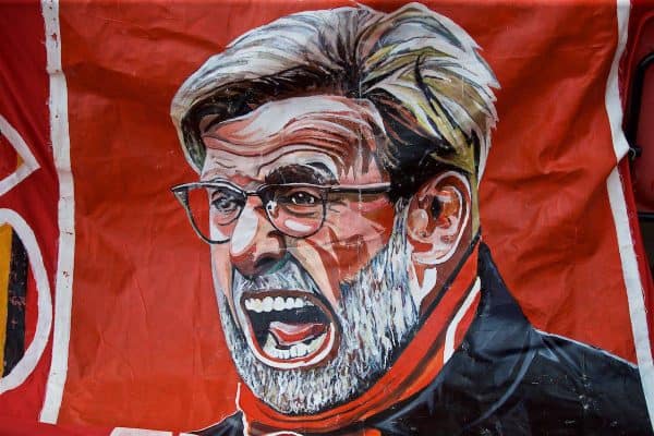 LIVERPOOL, ENGLAND - Sunday, August 12, 2018: A Liverpool supporter's image of manager Jürgen Klopp before the FA Premier League match between Liverpool FC and West Ham United FC at Anfield. (Pic by David Rawcliffe/Propaganda)