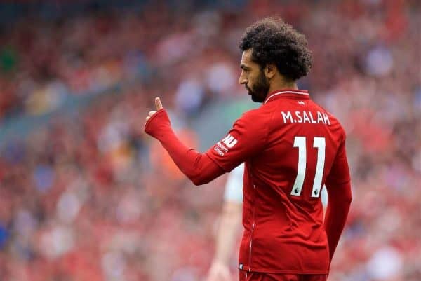 LIVERPOOL, ENGLAND - Sunday, August 12, 2018: Liverpool's Mohamed Salah during the FA Premier League match between Liverpool FC and West Ham United FC at Anfield. (Pic by David Rawcliffe/Propaganda)