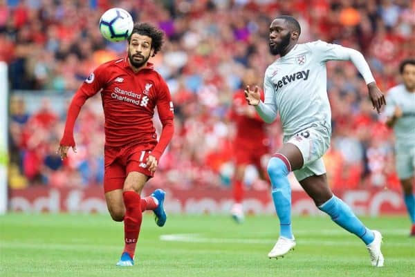 LIVERPOOL, ENGLAND - Sunday, August 12, 2018: Liverpool's Mohamed Salah during the FA Premier League match between Liverpool FC and West Ham United FC at Anfield. (Pic by David Rawcliffe/Propaganda)