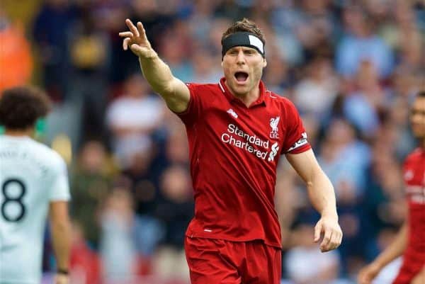 LIVERPOOL, ENGLAND - Sunday, August 12, 2018: Liverpool's James Milner during the FA Premier League match between Liverpool FC and West Ham United FC at Anfield. (Pic by David Rawcliffe/Propaganda)