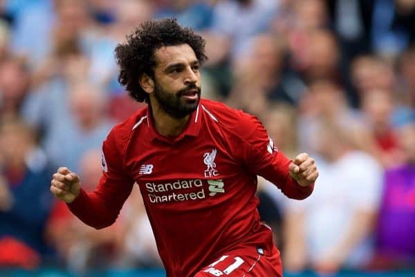 LIVERPOOL, ENGLAND - Sunday, August 12, 2018: Liverpool's Mohamed Salah celebrates scoring the first goal during the FA Premier League match between Liverpool FC and West Ham United FC at Anfield. (Pic by David Rawcliffe/Propaganda)